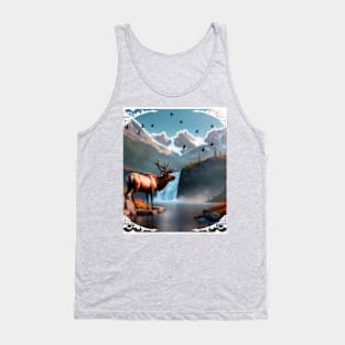 Abstract Landscape With Waterfall, Snowy Peaks, Elk Tank Top